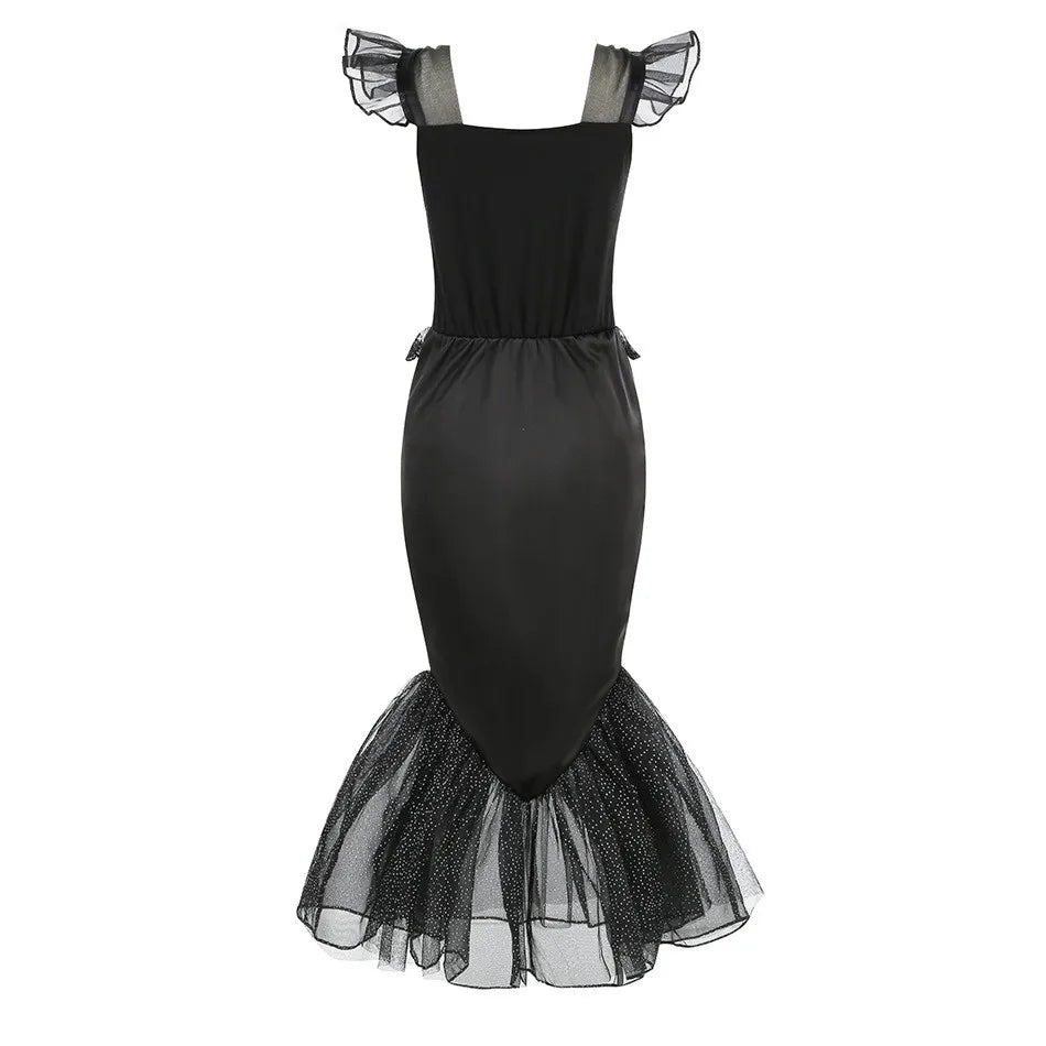 Halloween New Horror Skeleton Little Mermaid Costume Ariel Princess Black Skeleton Fishtail Dress Holiday Special Dress