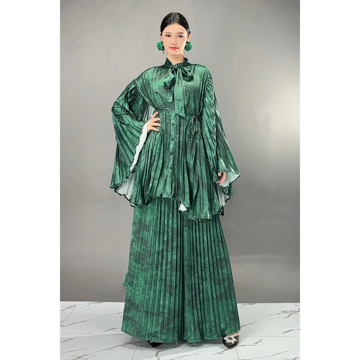 Two Pieces Chinese Style Wide Leg Pants Set Female Full Sleeve Blouse+Matching Trousers Suit Elegant Casual Matching Kit