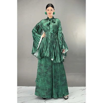 Two Pieces Chinese Style Wide Leg Pants Set Female Full Sleeve Blouse+Matching Trousers Suit Elegant Casual Matching Kit