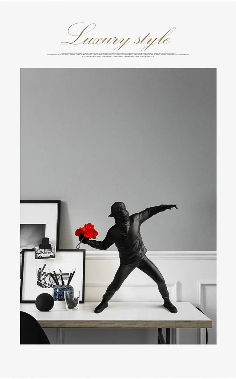 Resin Statues Sculptures Banksy Flower Thrower Statue Bomber Home Decoration Accessories Modern Ornaments Figurine Collectible