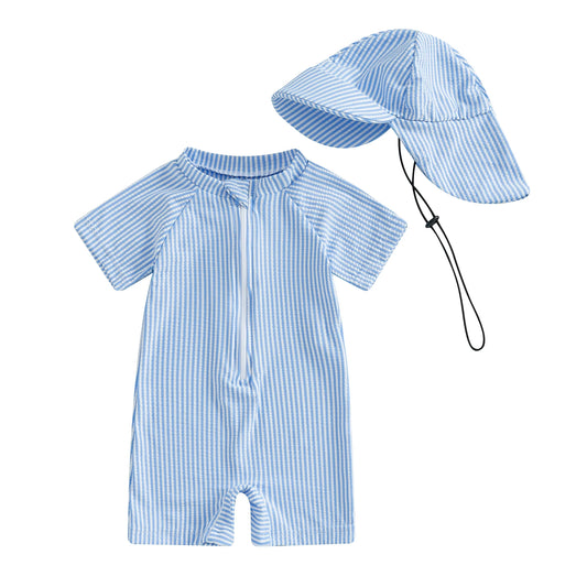 MISOWMNJOY Traje de baño de verano para bebé niña y niño, nuevo traje de baño con estampado de rayas para niños, ropa de playa de manga corta con media cremallera, traje de baño con protección contra erupciones, conjunto de sombrero para el sol