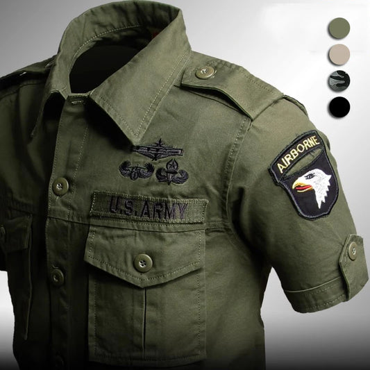 Camisas de manga corta para hombre, camiseta táctica, ropa de trabajo de primavera y verano, camisa vintage de algodón con bordado militar y bolsillo, camisetas cargo