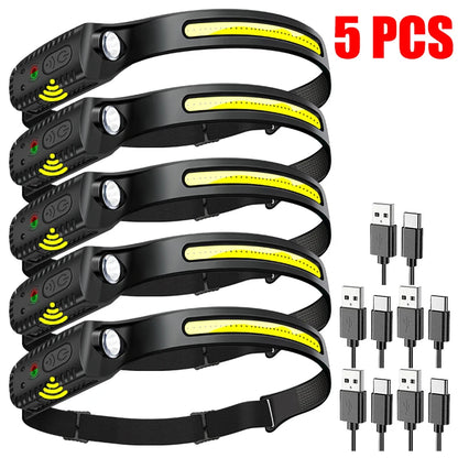 1-5 pçs indicação led farol recarregável lanterna de cabeça 1200mah bateria embutida acampamento ao ar livre pesca farol lanterna