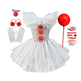 Fantasia Infantil de Palhaço Pennywise Assustador para Meninas – Vestido de Tule com Babados e Sem Mangas, Inclui Acessórios Completos – Ideal para Festas de Aniversário, Bailes de Máscaras e Halloween