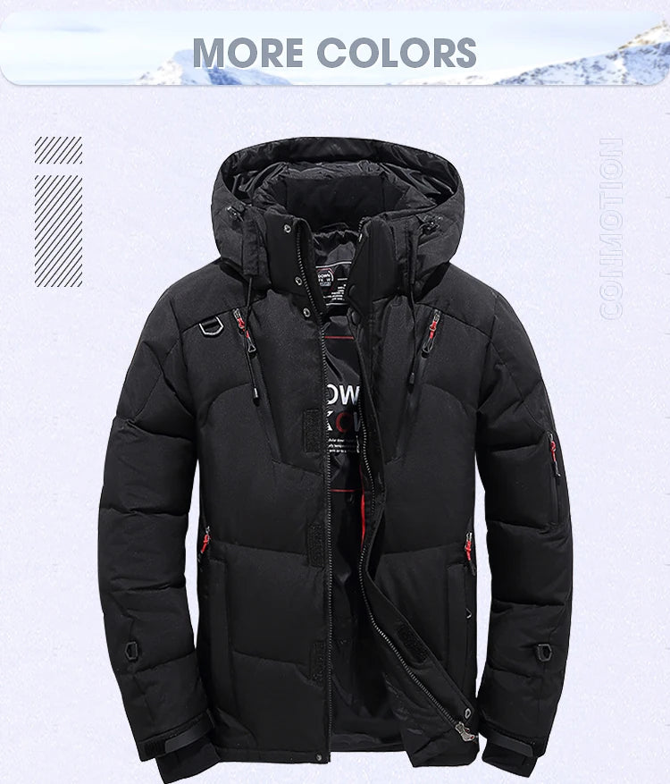 Chaqueta de plumón para hombre, abrigo de invierno de pato blanco, parka cálida y resistente al viento, para viajes y acampadas, nueva, gruesa, de color sólido, con capucha.