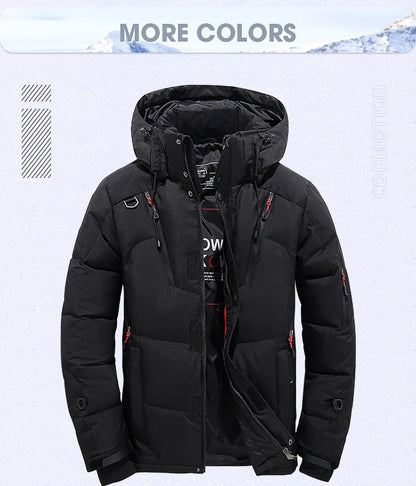 Chaqueta de plumón para hombre, abrigo de invierno de pato blanco, parka cálida y resistente al viento, para viajes y acampadas, nueva, gruesa, de color sólido, con capucha.