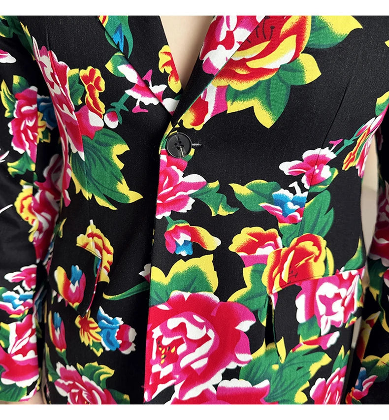 Men Suit 2 Piece Fashion Party Mens Vintage Print Big flower in northeast China Suits Jacket Pants Men Sets