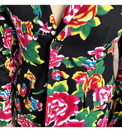 Men Suit 2 Piece Fashion Party Mens Vintage Print Big flower in northeast China Suits Jacket Pants Men Sets