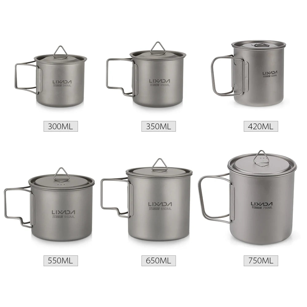 Taza de agua ultraligera de titanio Lixada con asa plegable, portátil para exteriores, camping, picnic, 300 ml/350 ml/550 ml/650 ml