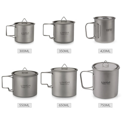 Taza de agua ultraligera de titanio Lixada con asa plegable, portátil para exteriores, camping, picnic, 300 ml/350 ml/550 ml/650 ml