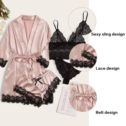Pijama de 4 piezas para mujer, con bata, lencería sexy de encaje, bata de baño de seda satinada, ropa de dormir para el hogar.
