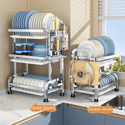 High Quality Kitchen Utensil Storage Rack Household Countertop Storage Rack 3-Layer Cupboard Multifunctional Utensil Drain Rack