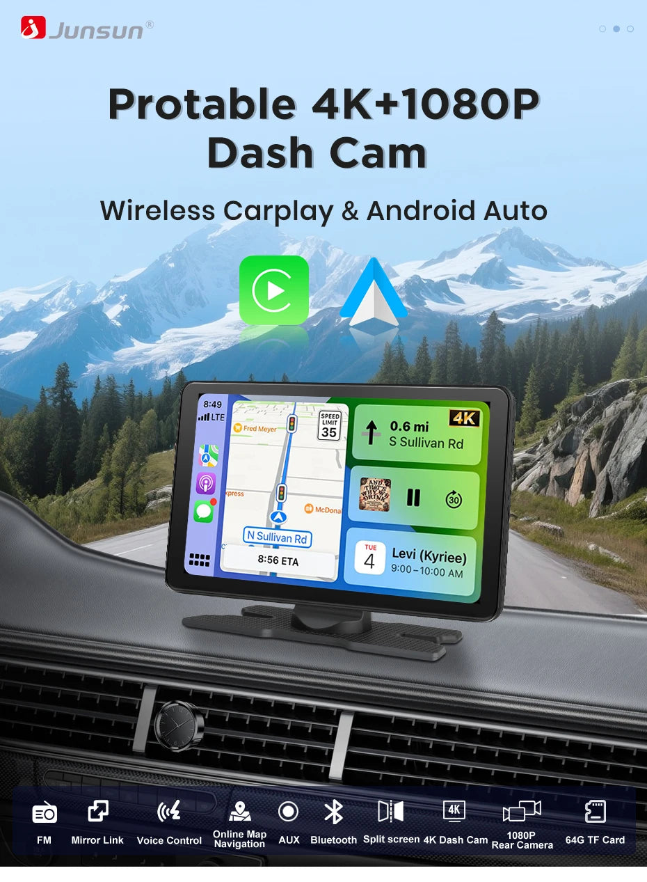 Junsun 9 inch Car DVR 4K Dash Cam Wireless Carplay for Apple Android Auto Dual Lens Video Recorder Dashboard Monitor FM BT AUX