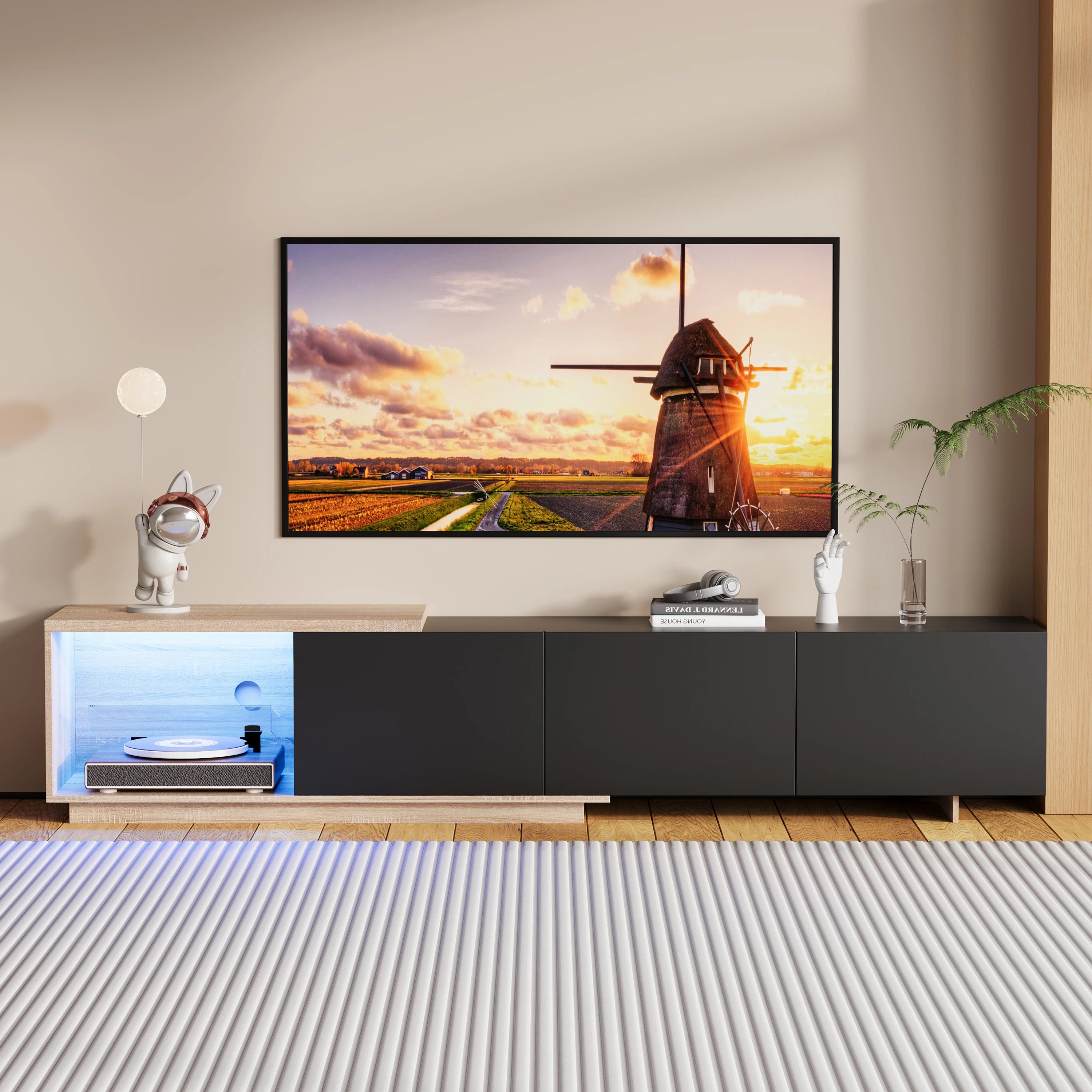 Comanlai 240cm Modern TV Cabinet with LED Lights  Living Room TV Cabinet with 3 Drawers and Open Storageextendable TV Stands
