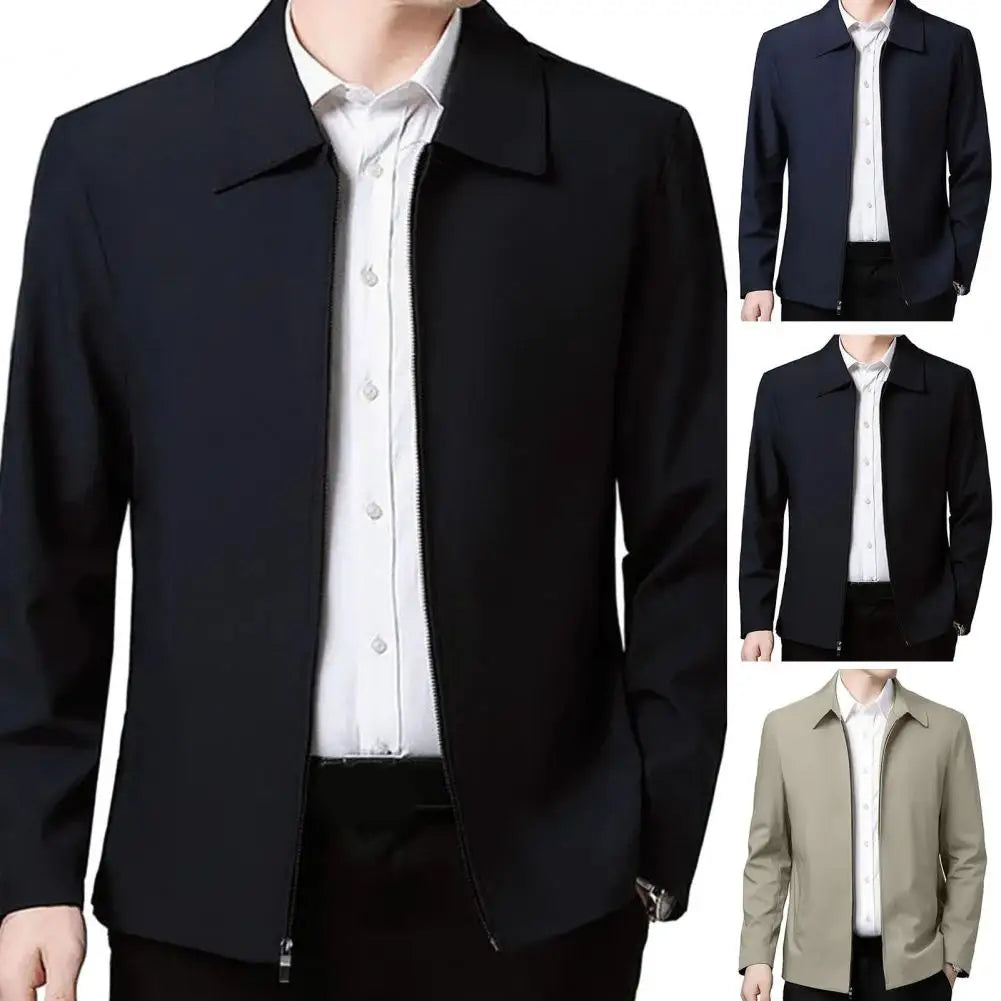Chaqueta elegante para hombre de mediana edad con solapa y bolsillos con cierre de cremallera para negocios formales o ropa informal en primavera y otoño.