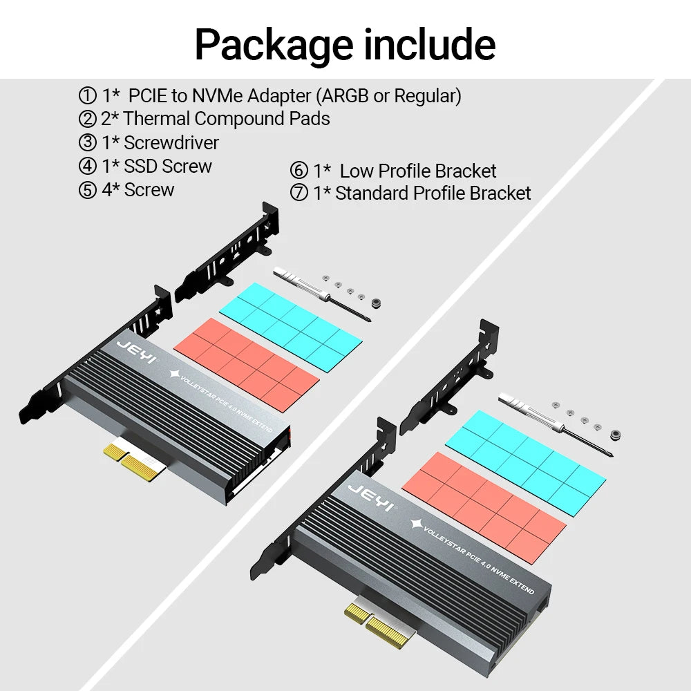 JEYI VolleyStar PCIE To NVMe Adapter With Aluminum Alloy  Heatsink, M.2 RGB PCIe 4.0 Card With 1/2U Low Standard Profile Bracket