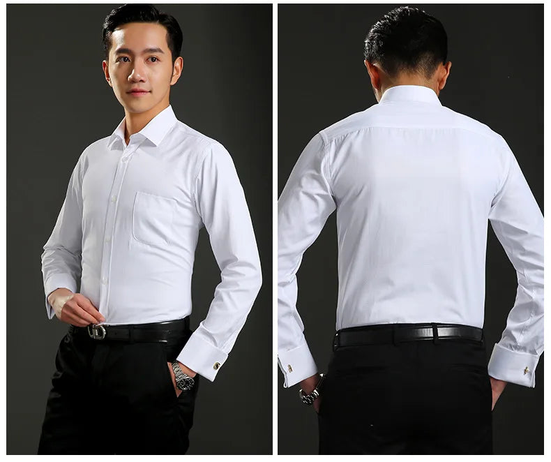 Camisa clásica de vestir para hombre con puños franceses, corte estándar, manga larga, para bodas, fiestas, oficina, trabajo, color blanco