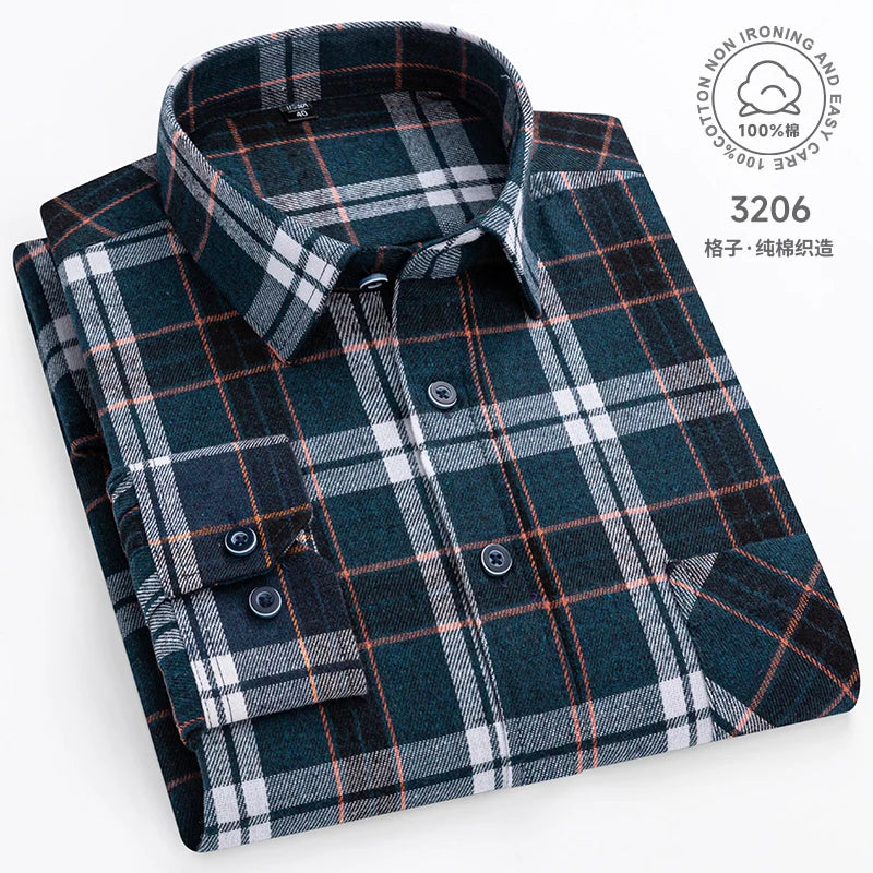 Men Fashion Long Sleeve Brushed Flannel Shirt Single Pocket Comfortable 100% Cotton Casual Slim Fit Button-down Plaid Shirts 8XL