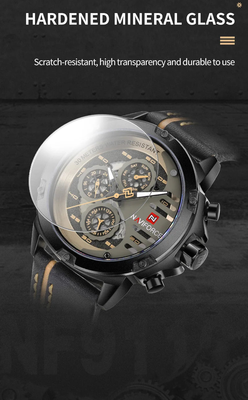 NAVIFORCE Men's Watch Top Brand Luxury Waterproof 24-Hour Date Quartz Watch Men Leather Sport Wristwatch Men Waterproof Clock