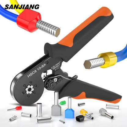 Kit de crimpadora de casquillos hexagonales autoajustables con trinquete, 23-7 AWG, 0,25-10 mm², con terminales de cable y casquillos