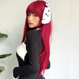 Light Wine Red Synthetic Wigs With Bangs for Women, Long Straight Hair Wig, Natural Cosplay Party, Heat Resistant