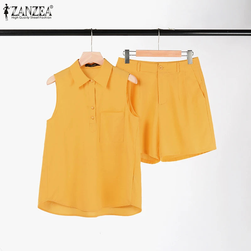 ZANZEA Fashion Sleeveless Tops Short Sets Two Piece Sets Summer Womens Outifits Beach Tracksuit Vintage Solid Cotton Pants Suits
