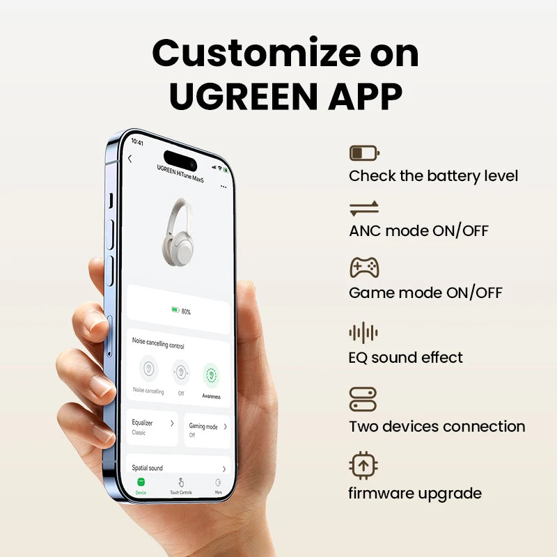 UGREEN HiTune Max5 Hybrid Active Noise Cancelling Earphone Wireless Over Ear Bluetooth Headphones 90H Playtime Hi-Res Audio LDAC