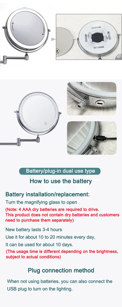 Wall Folding Makeup HD Mirror Double Side Fill Light Magnifying USB Charging Led Tricolor Dimming Bathroom Cosmetic Mirrors