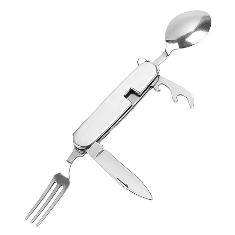 Outdoor Tableware Set Spoon Fork Knife Bottle Opener Stainless Steel 4 in 1 Foldable Camping Cutlery Set Picnic Utensil Set