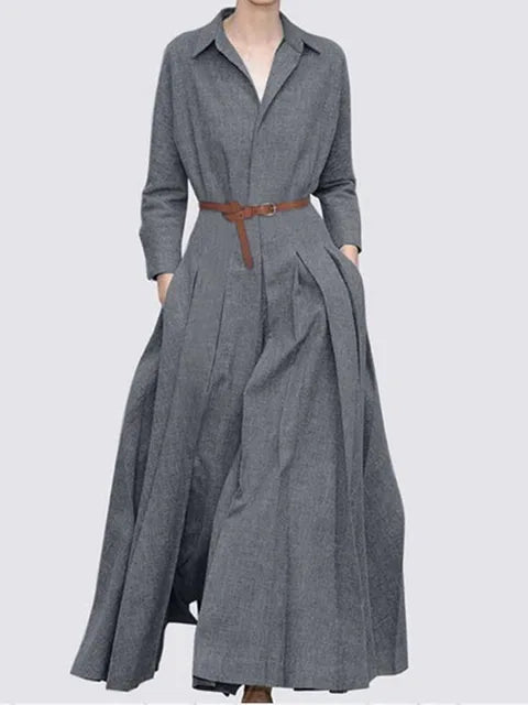 L-5XL 2022 novo vestido de cor sólida lapela casual primavera outono sem cinto solto plus size vestido de linho coa vestidos de festa