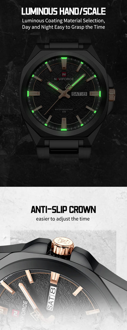 New Style NAVIFORCE Men's Wrist Watch 3ATM Waterproof Stainless Steel Band Luminous Pointer Display Luxury Boys Watches Gifts