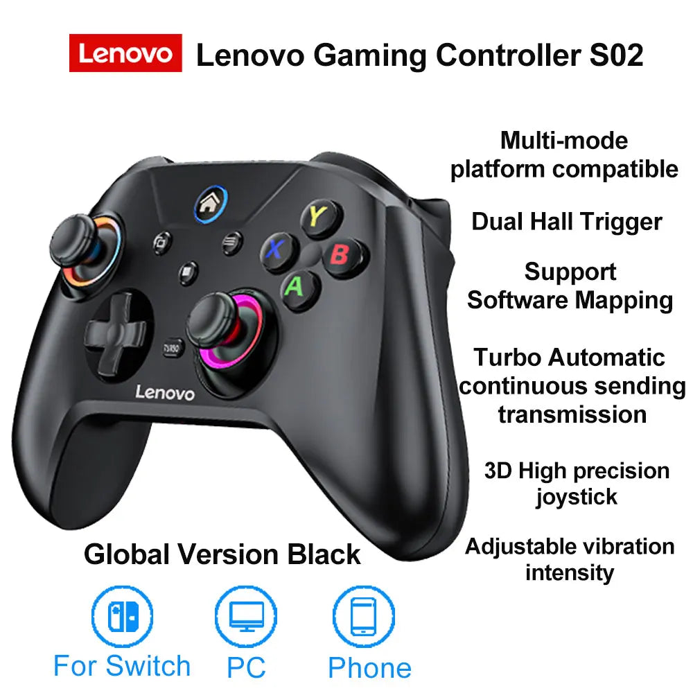 Lenovo S02 Wireless Bluetooth Gaming Controller, Dual Hall Trigger Wireless Gamepad, For Switch, PC, Android, IOS, TV