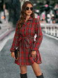 Autumn Winter Women New Fashion Lantern Sleeve Strap Waist Printed Pattern Single Breasted Shirt Casual Dress 