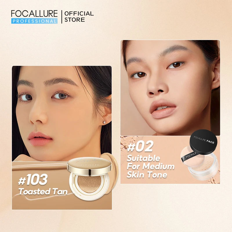 FOCALLURE Air Cushion Poreless BB Cream Resistente al agua Corrector facial iluminador de larga duración Base mate Cosméticos con borla