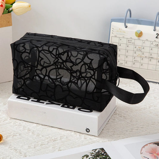 Heart-Shaped Nylon Mesh Cosmetic Bag Portable Toiletry Organizer for Women Makeup Storage
