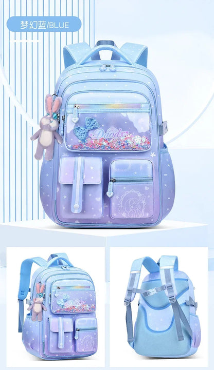 Primary Bow Knot Schoolbag With Rabbit Pendant For Girls Orthopaedics Kids Backpack Kawaii Waterproof School bag