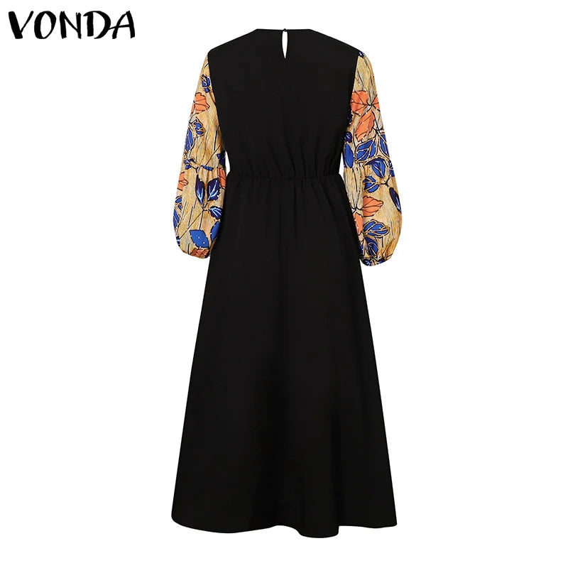 Plus Size VONDA Women Bohemian Maxi Dresses 2024 Casual Floral Printed Sundress Lace Patchwork Round Neck Elegant Robe Vestido