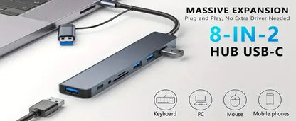 8 In 2 USB HUB With Splitter Card Reader, USB C Port, USB 3.0 / 2.0, SD/TF Splitter Card Reader, Docking Station