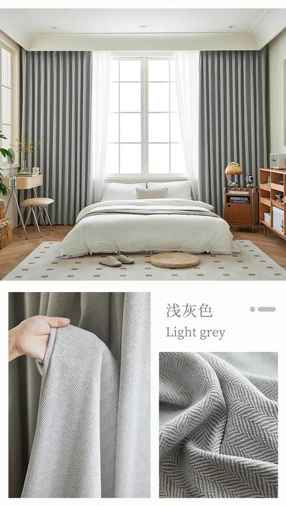 Herringbone Chenille Beige Thickened Blackout Curtains for Living Room Dining Room Bedroom Solid Color Luxury Curtains Custom