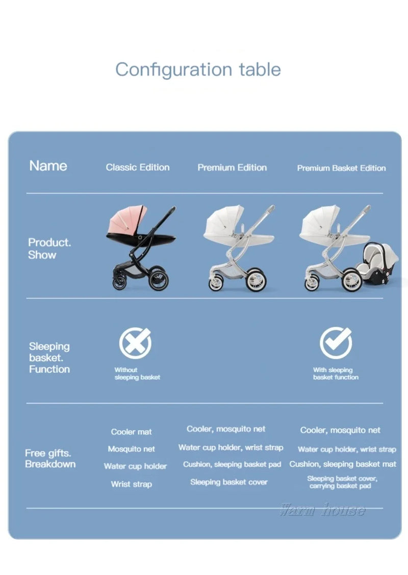 Baby Stroller 3in1,Luxury Baby Carriage with Car Seat,Eggshell Newborn Stroller Leather High Landscape PU leather