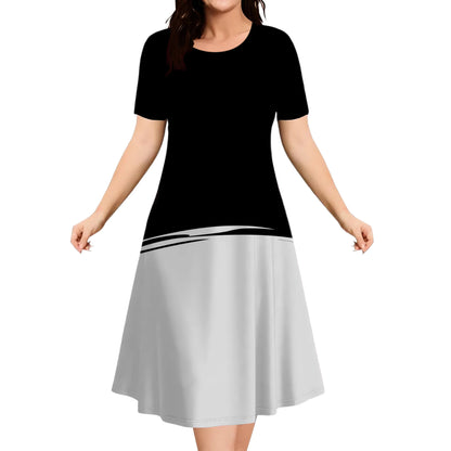 2025 Summer Women Dress Fashion Plus Size Short Sleeve Dress Black White Contrast Color Loose A-Line Dress Big Size 9XL Clothing