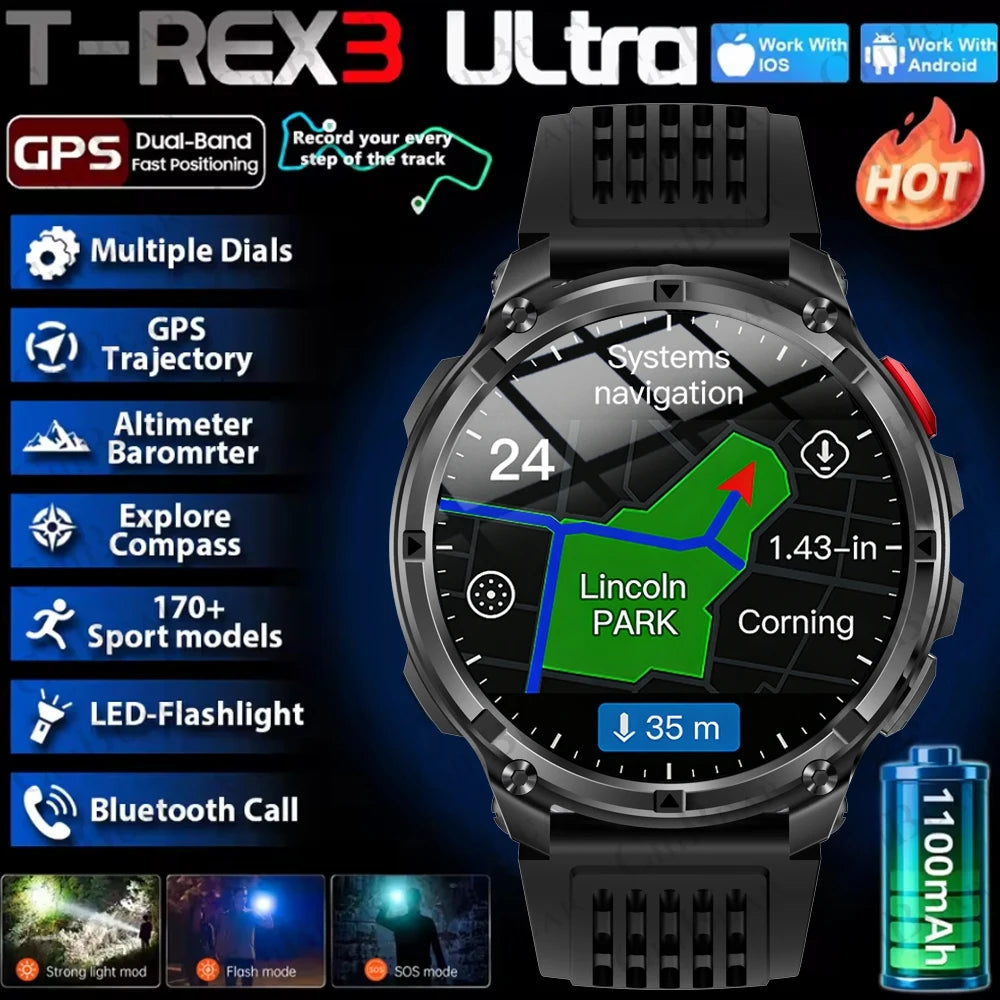 Novo Smartwatch T-Rex3 Pro 2026 – Bateria de 1100mAh, GPS com rastreamento de rota, Resistência à água 5ATM, Monitoramento de esportes e corrida, Bússola, Estilo militar
