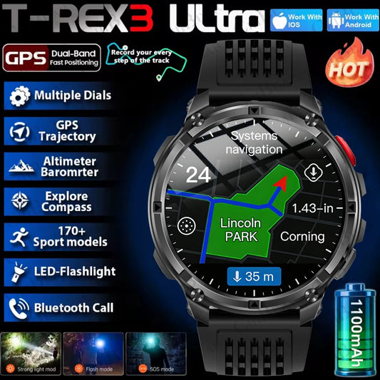 Novo Smartwatch T-Rex3 Pro 2026 – Bateria de 1100mAh, GPS com rastreamento de rota, Resistência à água 5ATM, Monitoramento de esportes e corrida, Bússola, Estilo militar