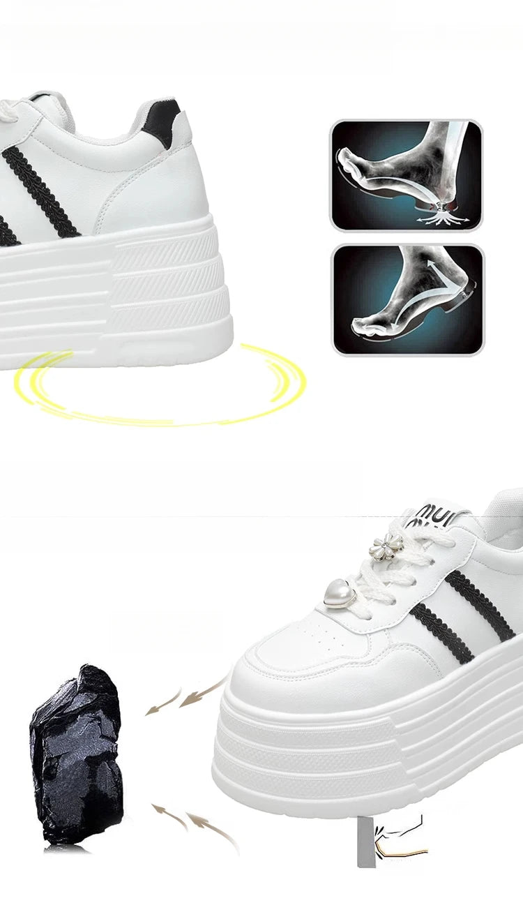 8cm Leather Flats Casual Dad Shoes Chunky Sneakers 2025 Women Platform Sports Shoes Ladies Skateboard Hidden Heels Shoes Tennis