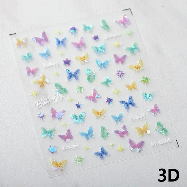 Colorful Pink Gradual Moon Star Cloud Butterfly Rhinestone 5D Soft Embossed Relief Nail Art Sticker 3D Decal Decoration Manicure