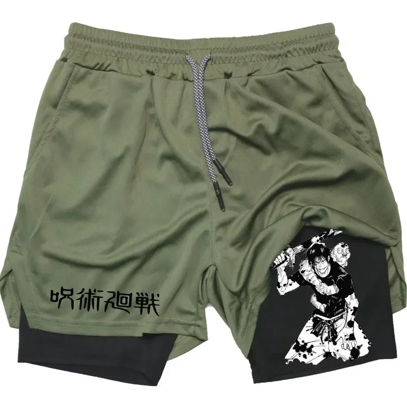 Men's Sports Shorts Anime Performance Shorts Printed Men GYM Casual Sport Compression Shorts Workout Running Mesh 2 in 1 Shorts