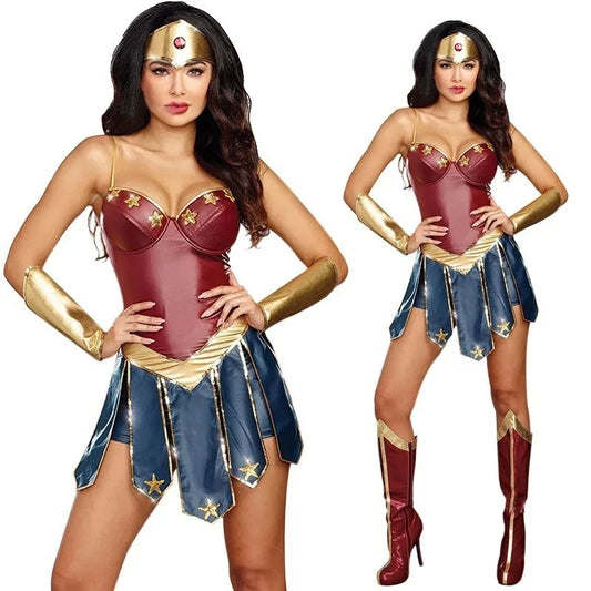 Halloween Superhero Costume Dress for Women Wonder Cosplay Costumes Stage Performance Costume Sexy Clothing Leather Fancy Dress