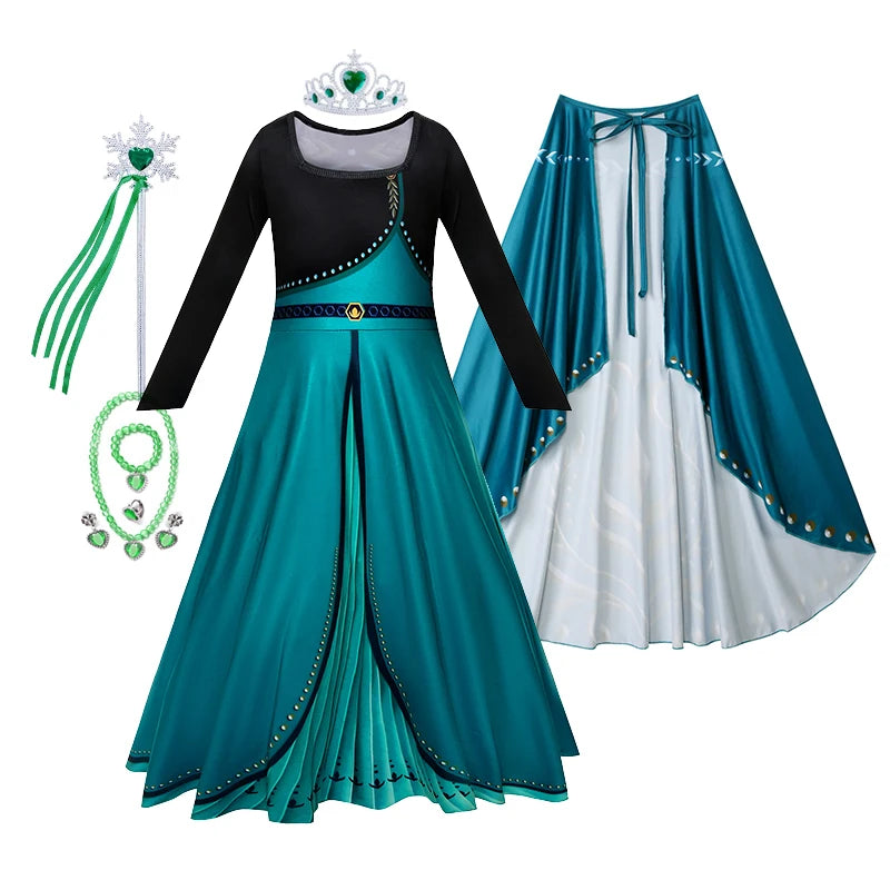 Girls Party Elegant Dresses Anna Princess Girl Cosplay Costume Dark Green Dress With Cloak Carnival Party Kids Birthday Clothes