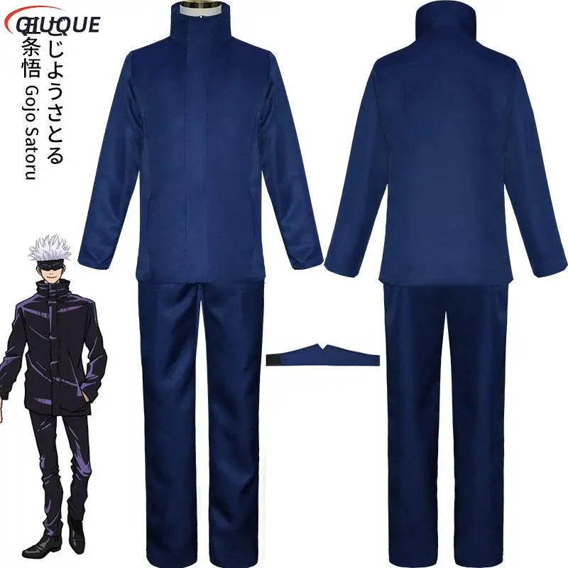 110-3XL Black/Blue Gojo Satoru Cosplay Costume Eye Patch Wigs Glasses Anime Halloween Party Men Kids Uniforms
