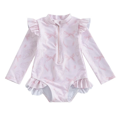 Traje de baño de verano para niñas pequeñas, estampado floral, sin espalda, con volantes, manga larga, ropa de playa para niñas de 0 a 4 años